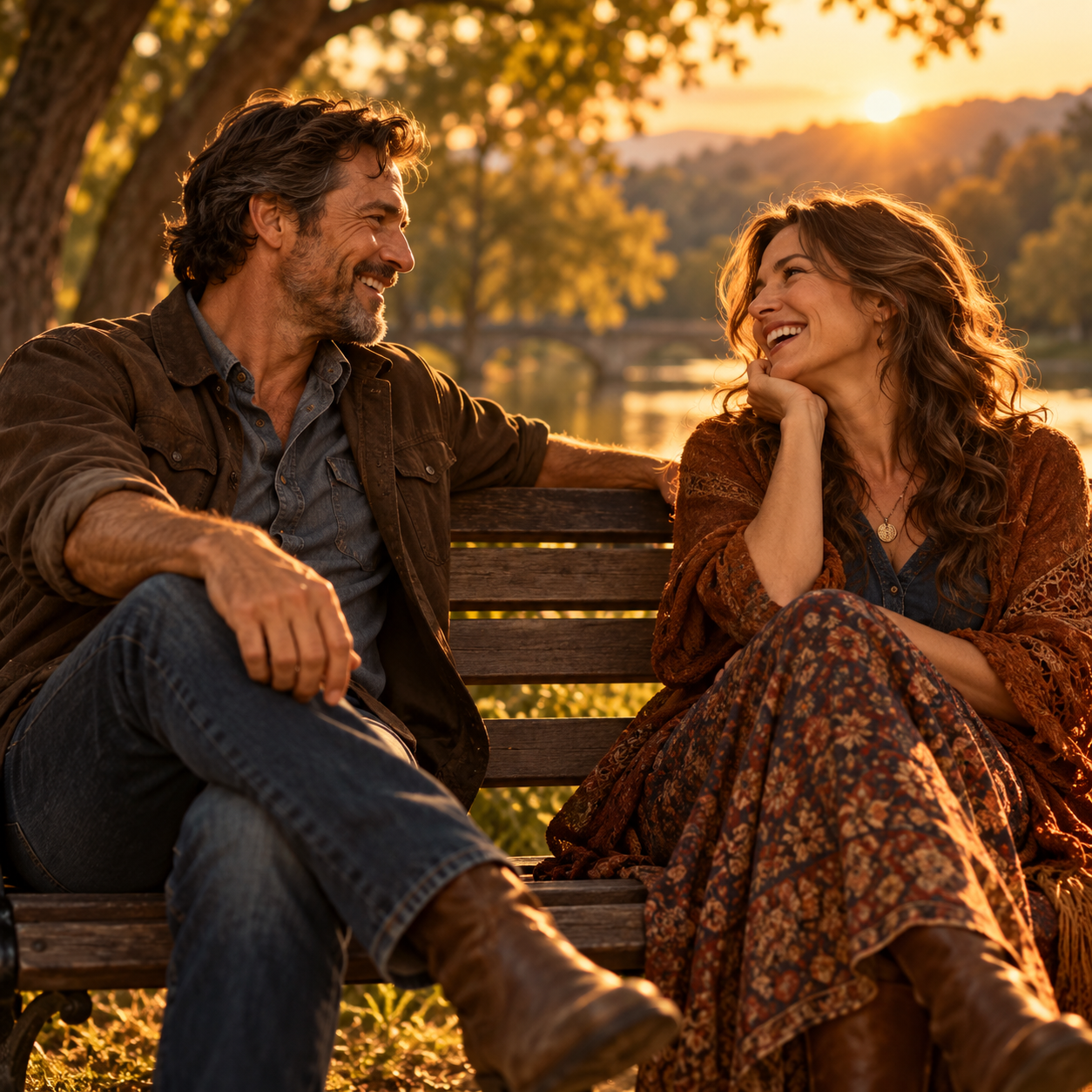 A man on a park bench catches up warmly with a female friend he has not seen for years.