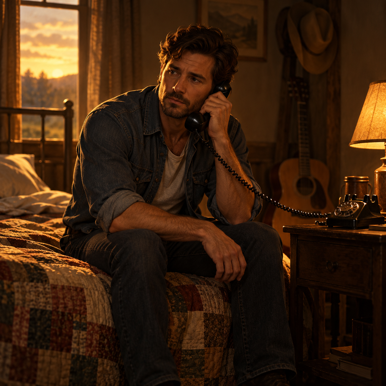 A thoughtful man sits on the edge of his bed speaking into a telephone.
