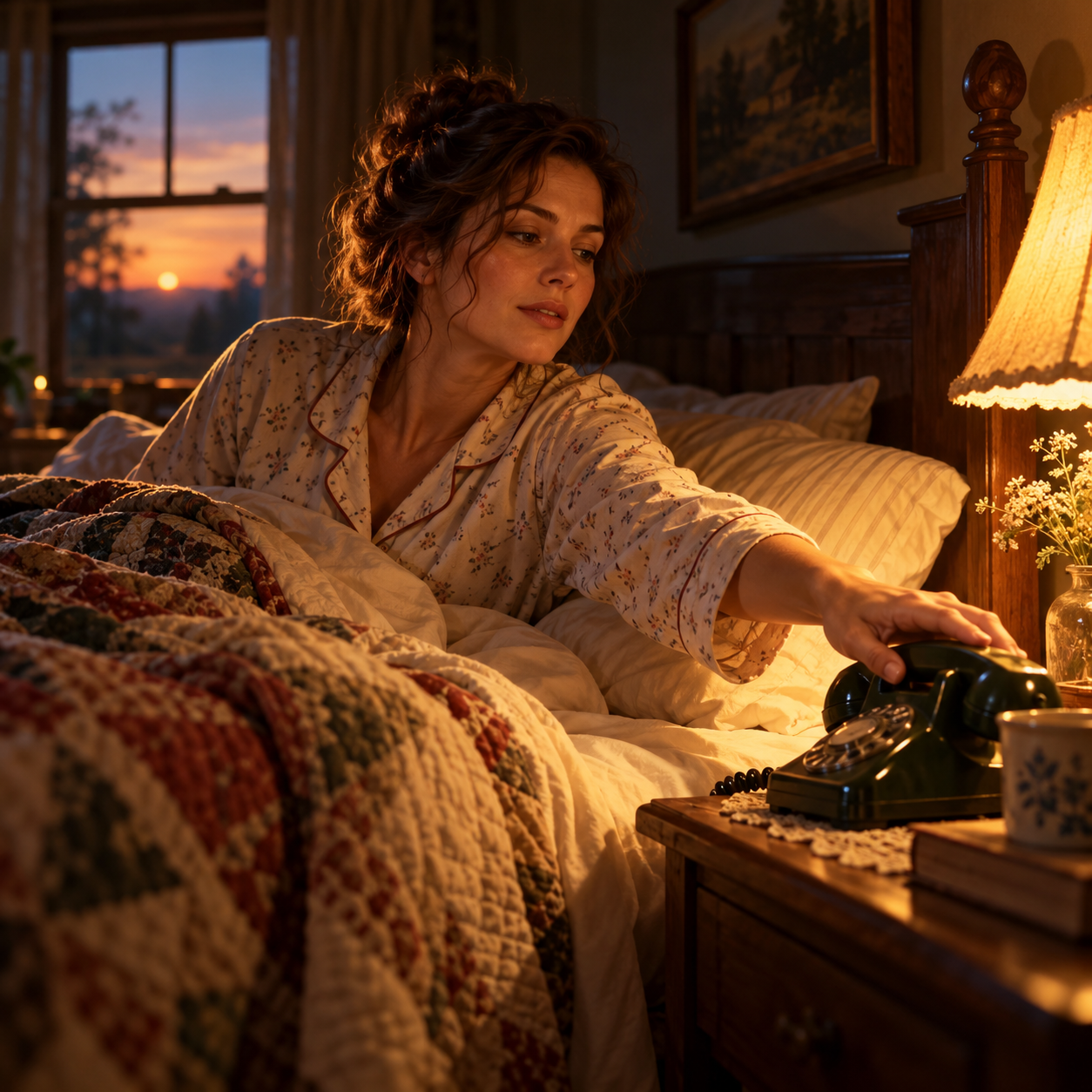 An adult woman in modest pyjamas reaches for the ringing phone on her bedside table.
