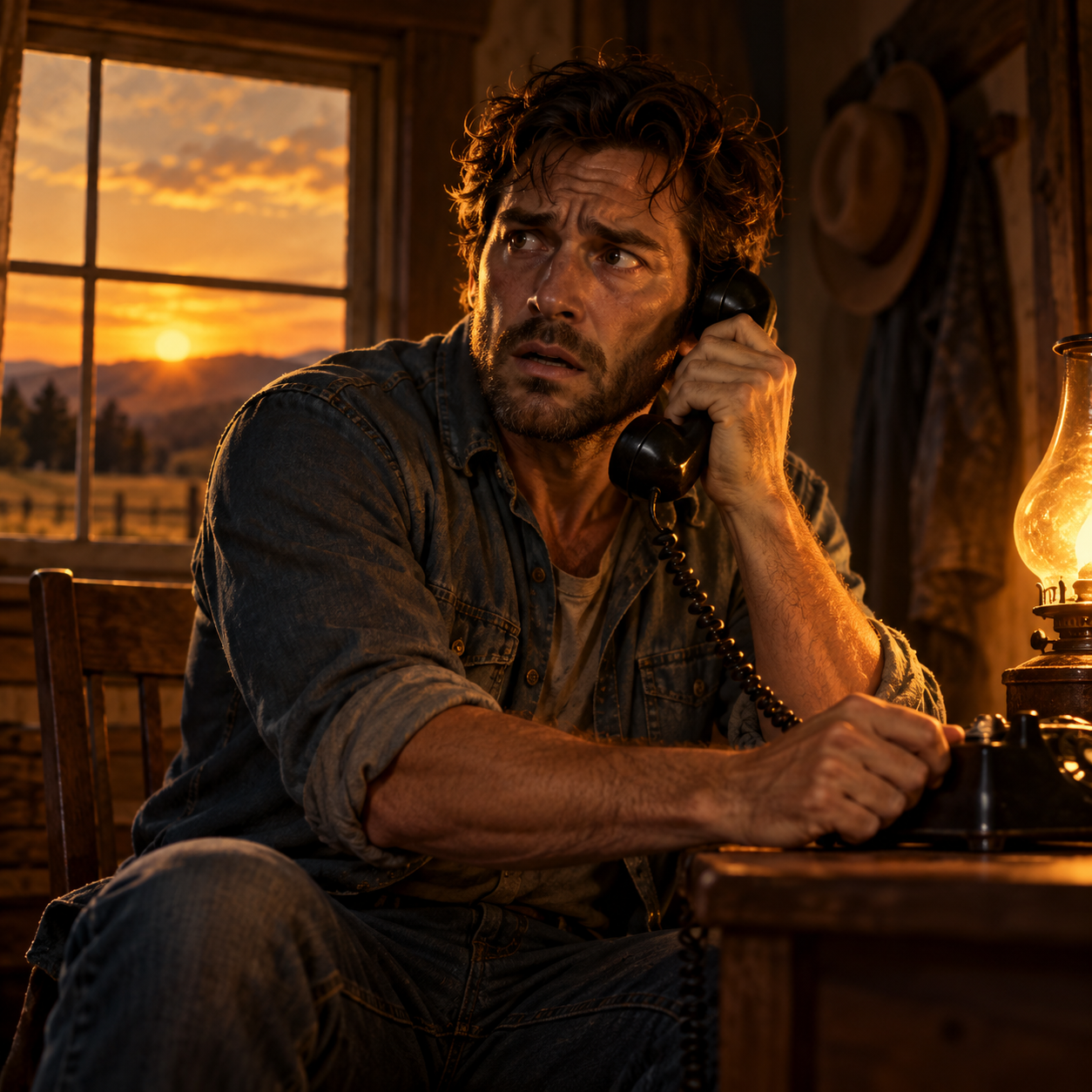 A man wearing jeans grips a telephone with fear visible on his face.