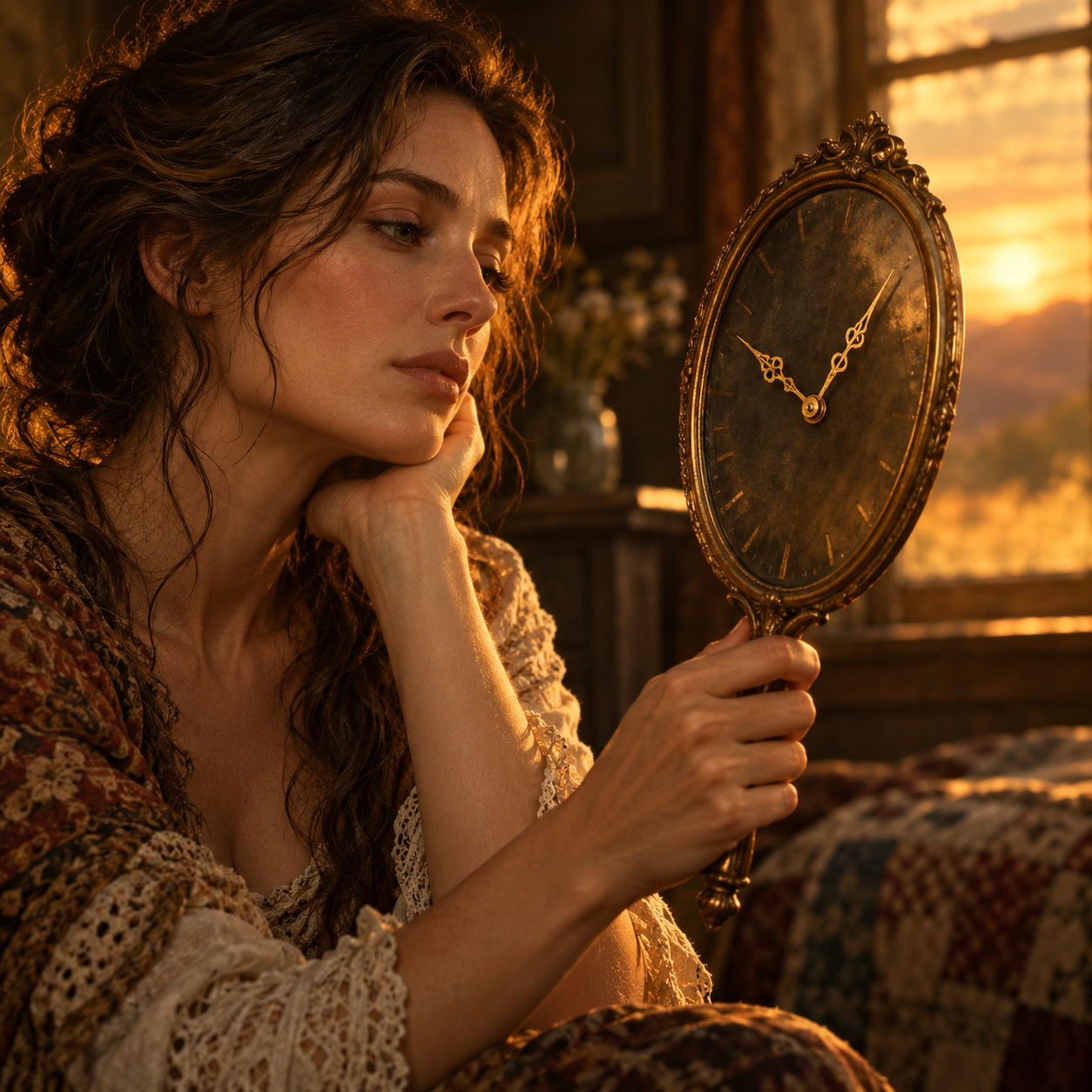 A woman gazes into a handheld mirror: instead of her reflection the mirror contains only the hands of a clock, a poetic image about passing time.