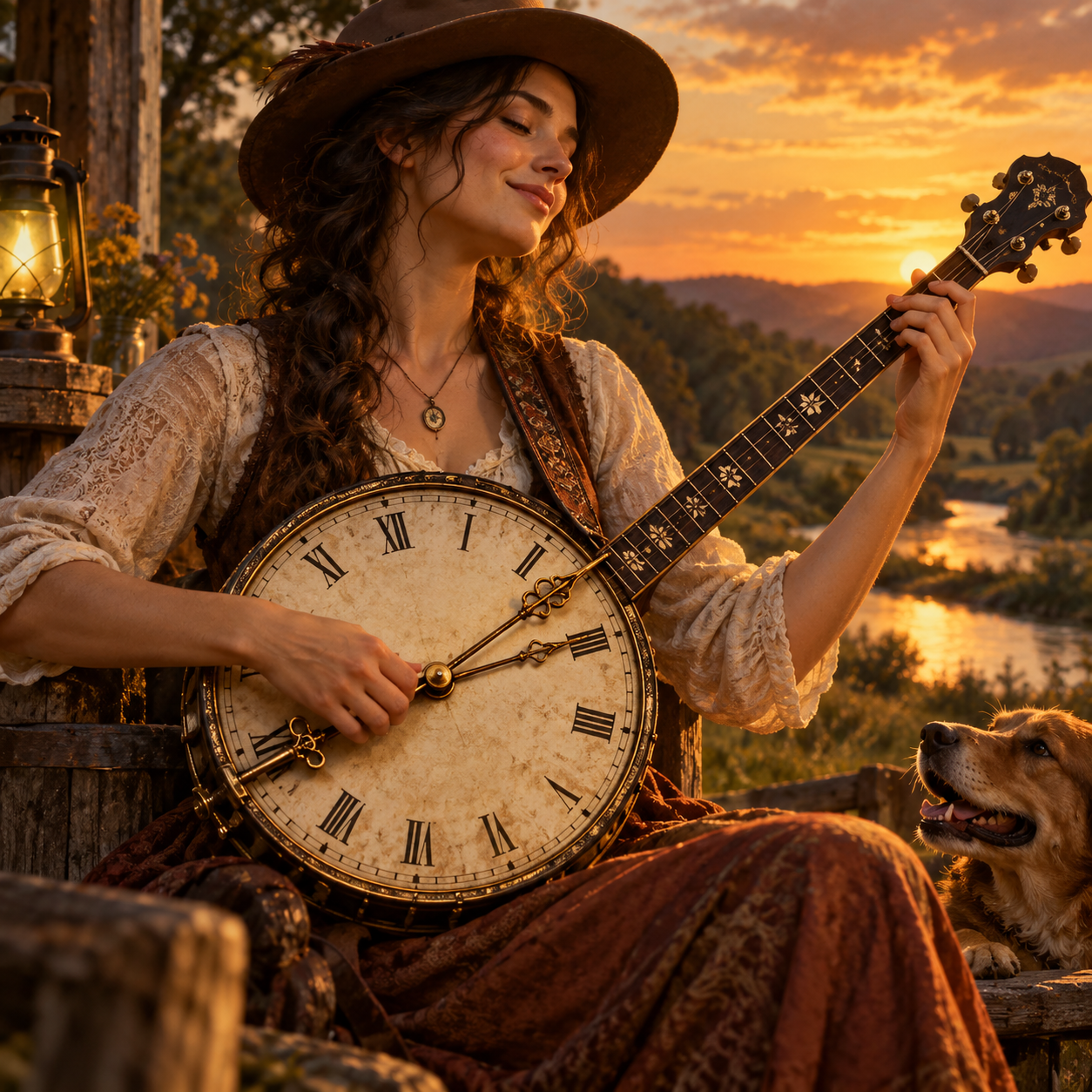A woman plays a surreal banjo: a clock face and its hands occupy the circular body, with clock hands replacing its strings. Poetic and clear.