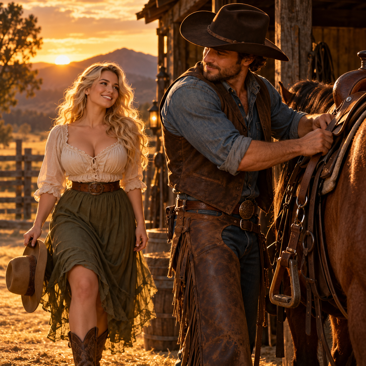 A blue-eyed curvy blonde adult woman approaches a cowboy as he saddles his horse beside a rustic stable.