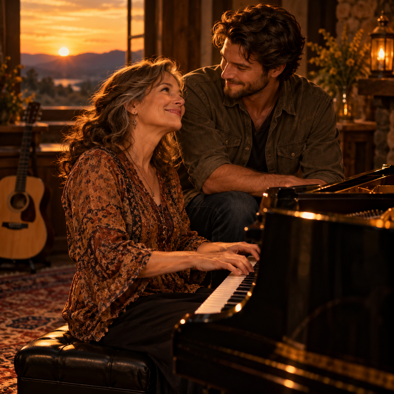 A middle-aged mother plays a grand piano while exchanging a loving look with her adult son.