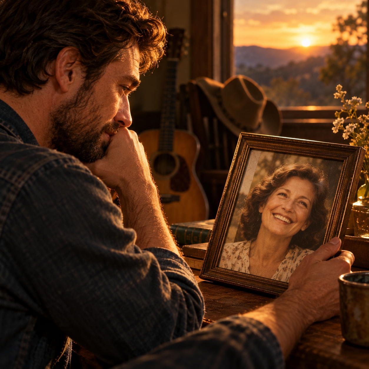 A wistful adult man looks at a framed photograph of his mother. The mother in the photograph has a broad warm smile with white teeth.