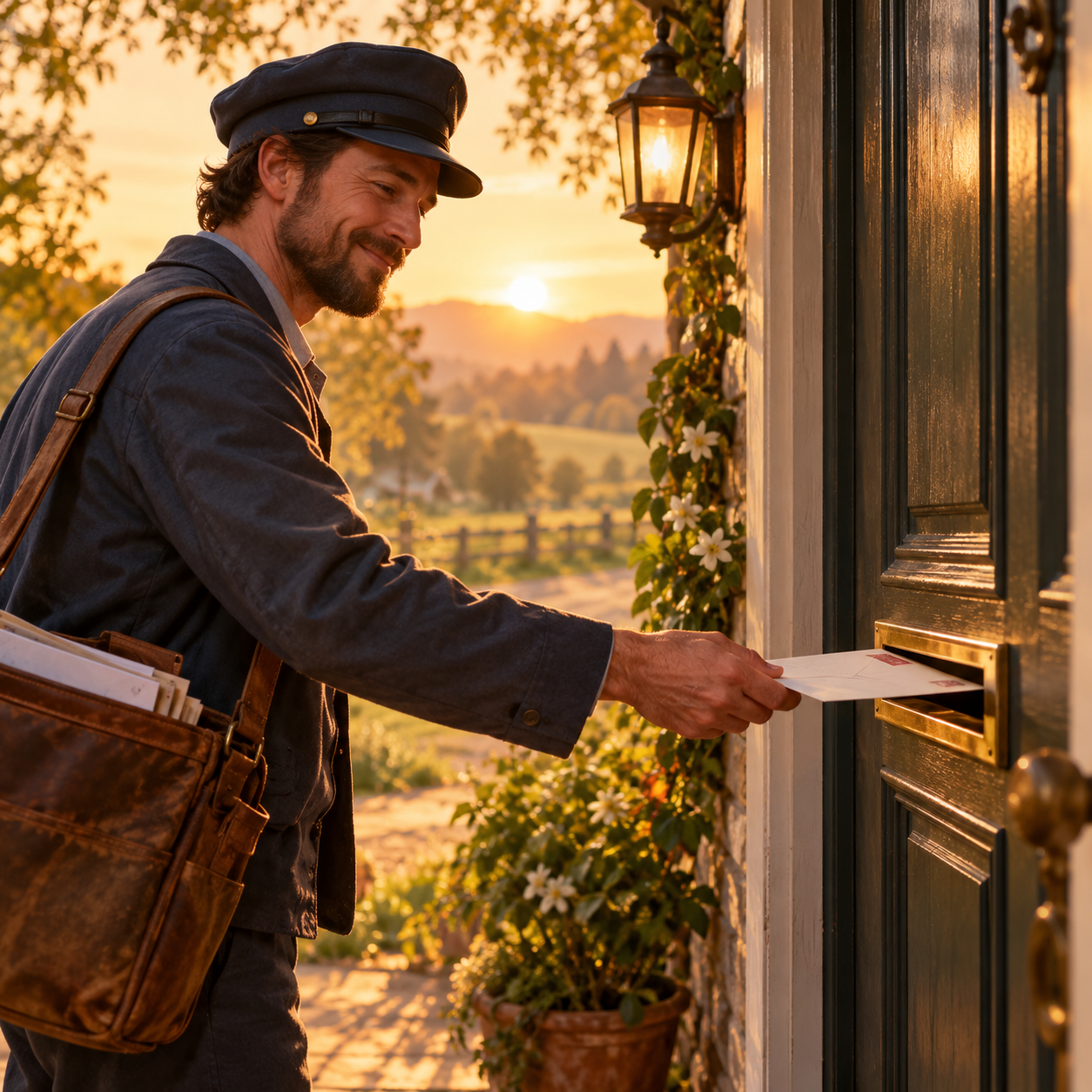 A postman pushes a letter through a front-door letterbox in gentle morning light.