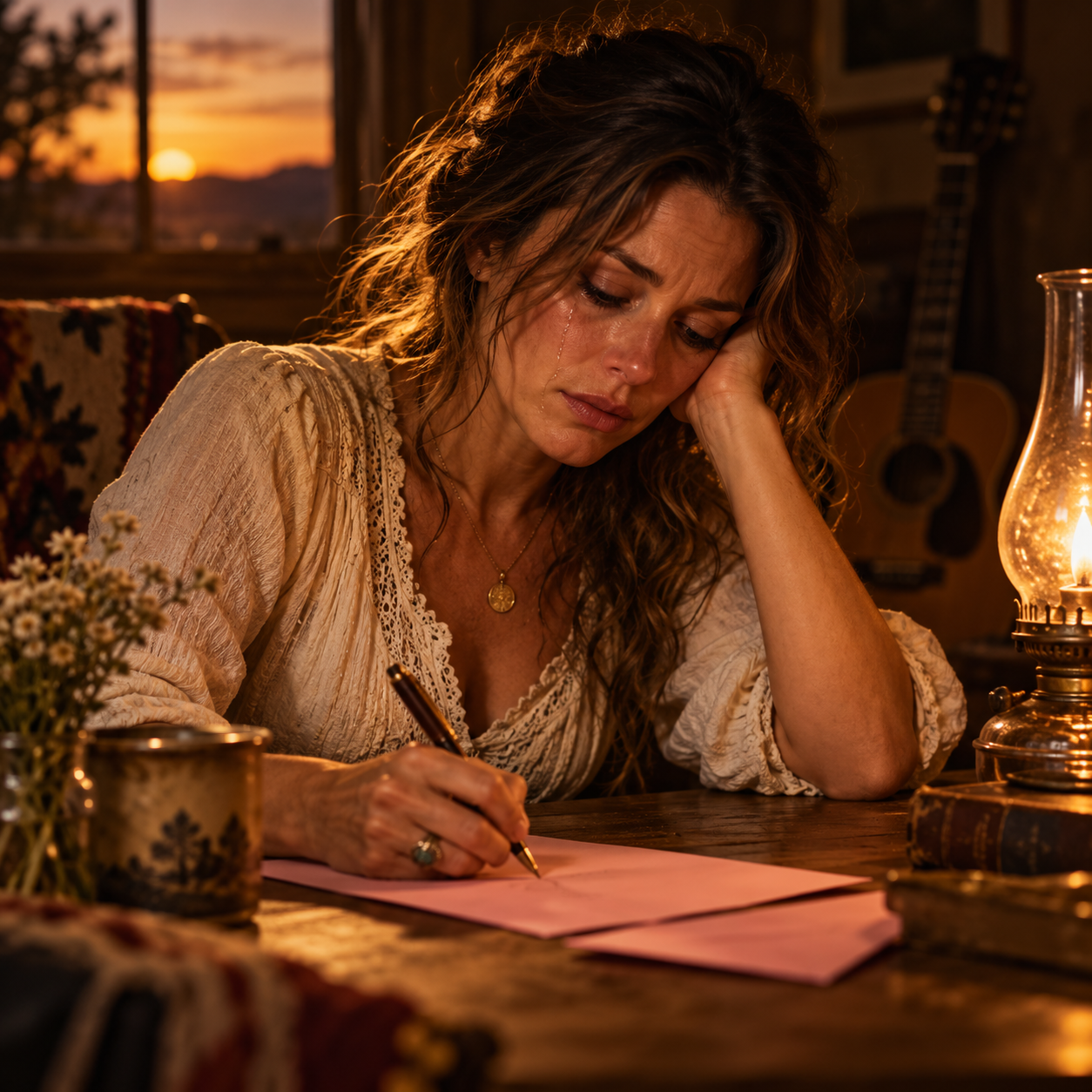 A tearful adult woman writes a letter to a former lover on pink paper.