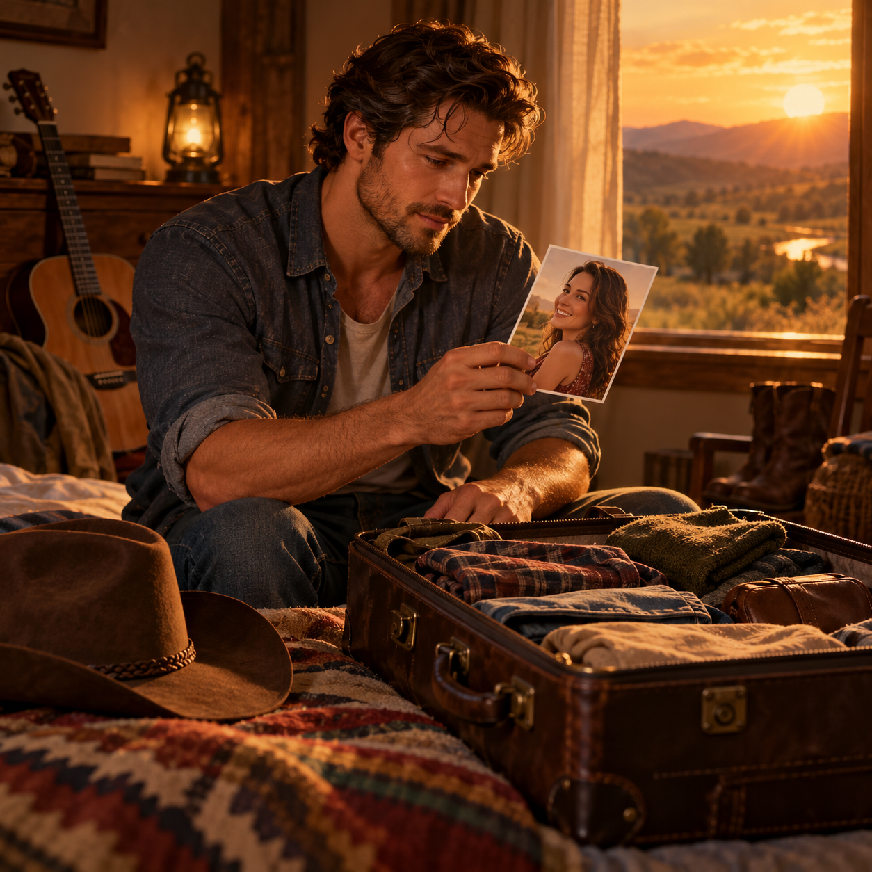 A man packs his suitcase for a journey while studying a photograph of the adult woman he has only spoken to by phone.