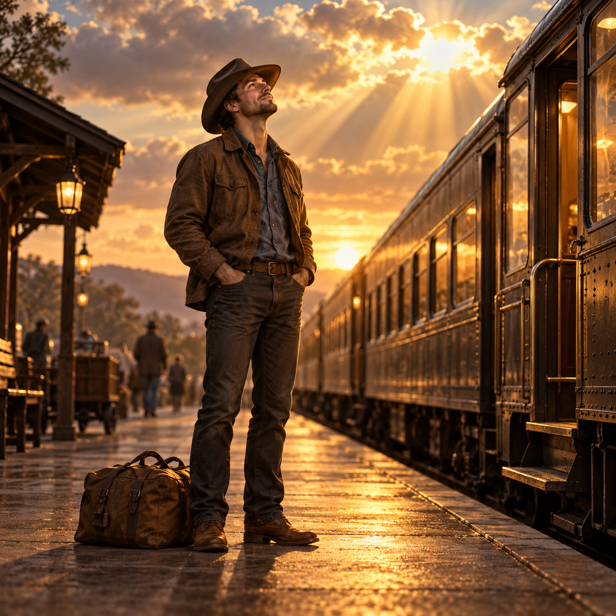 A man looks up towards the heavens for reassurance before boarding a passenger train, his travel bag beside him.