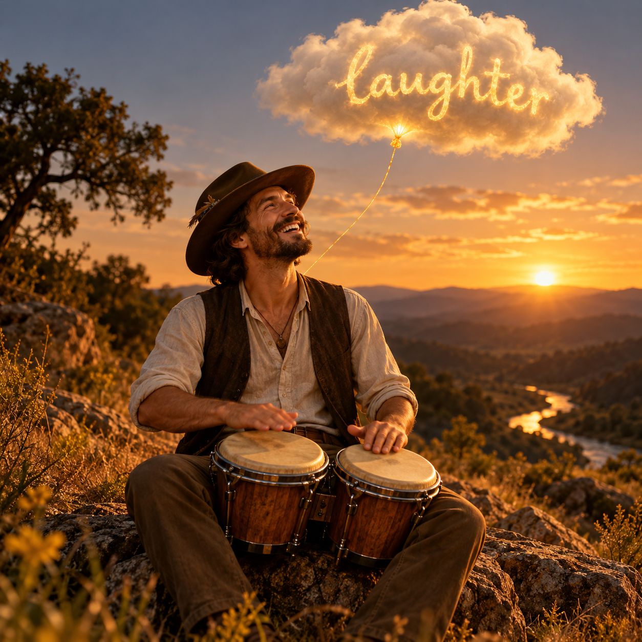 A man plays bongo drums beneath a drifting cloud bearing the exact word 'laughter', the cloud tethered to a fine glowing golden thread.