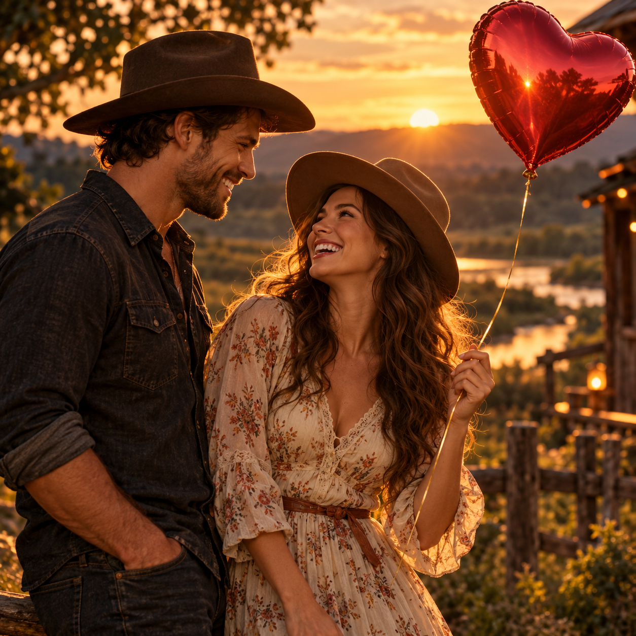 A happy adult man meets an adult woman with a broad grin and white teeth; she holds a heart-shaped balloon on a fine golden string.