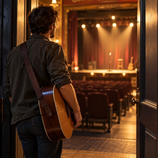 A street musician looking towards a warmly lit stage.
