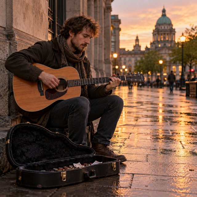 A guitarist busking beside an open case on wet pavement.