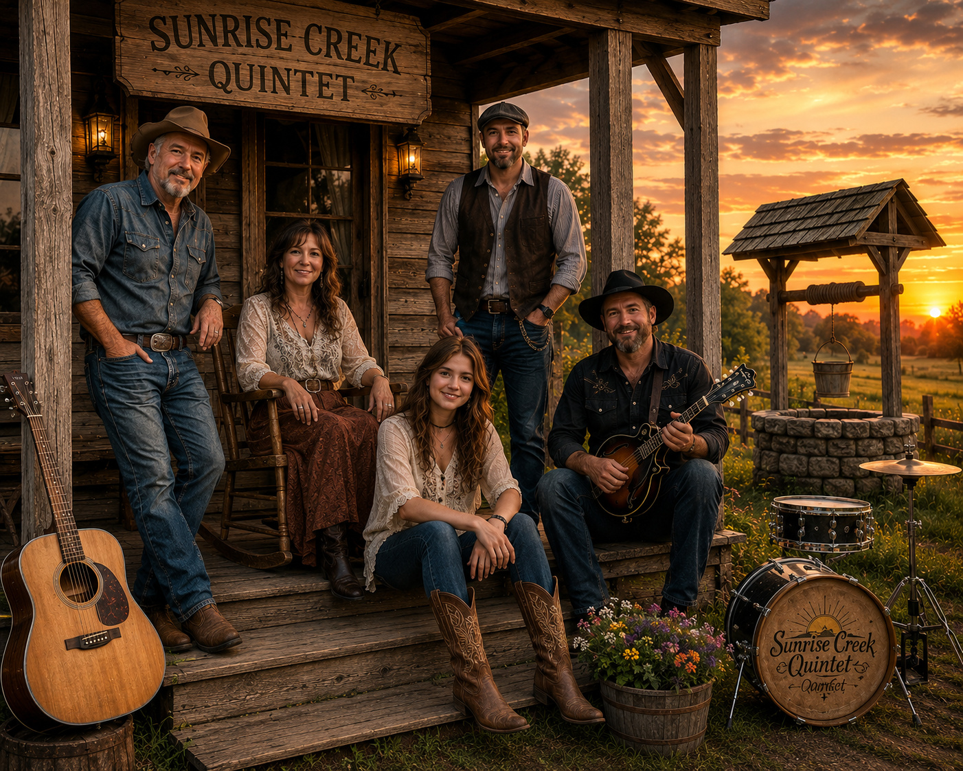 Five friends gathered on the porch at Sunrise Creek, surrounded by the relaxed country setting that inspired their story.